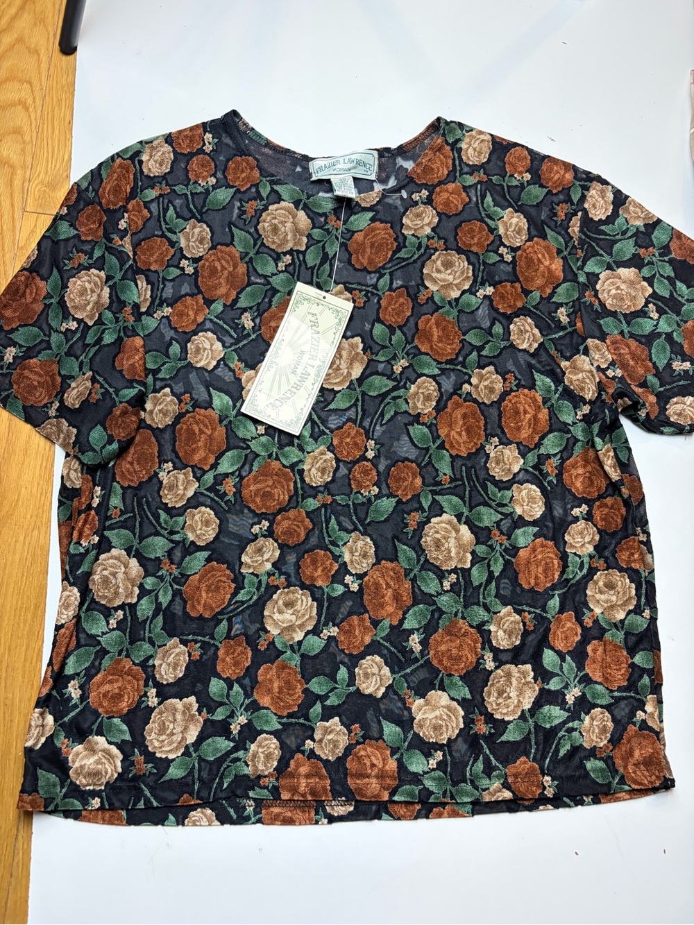 Frazier Lawrence Vintage Floral Black Semi Sheer Short Sleeve Top